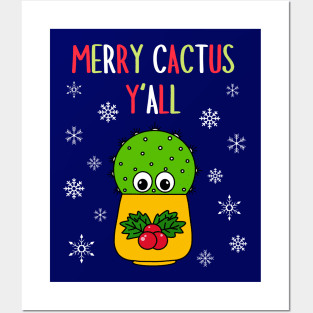 Merry Cactus Y'all - Cute Cactus In Christmas Holly Pot Posters and Art